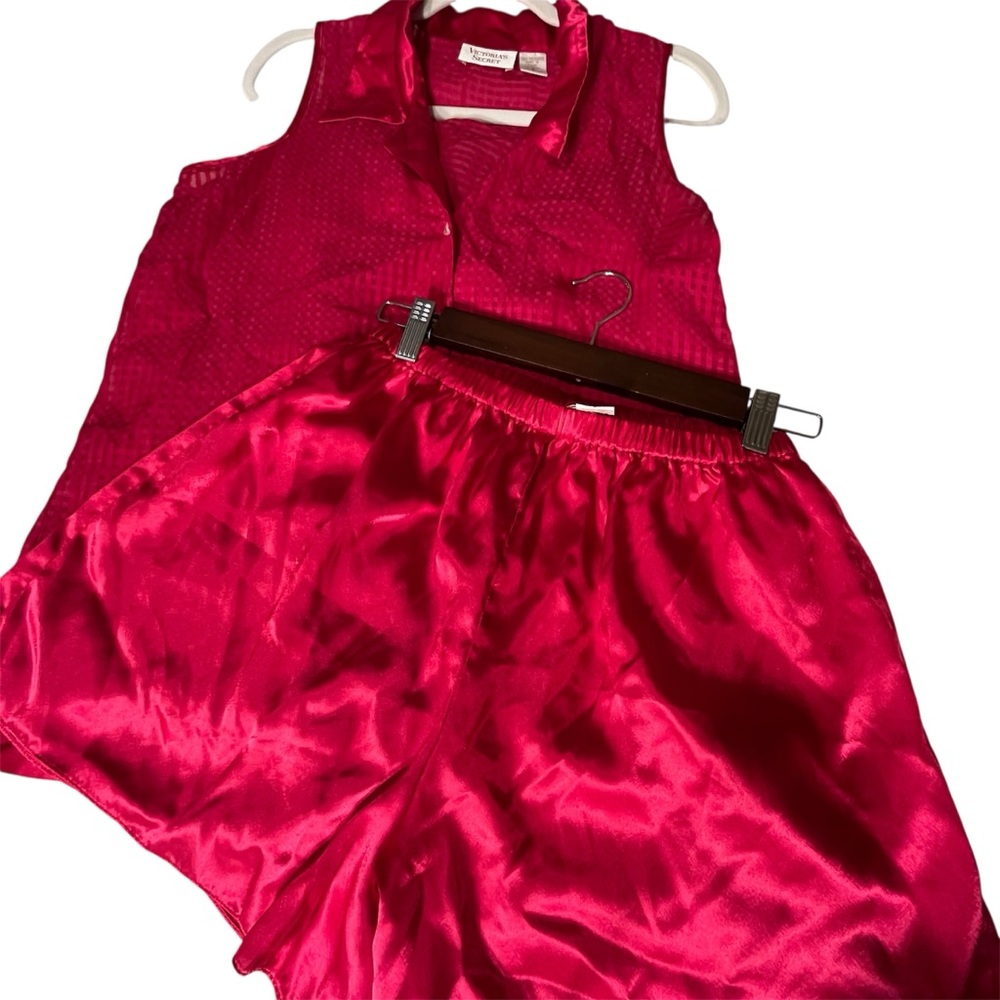 Victoria's Secret Vintage Gold Label Vibrant Hot Pink Satin Pajama Set SZ S